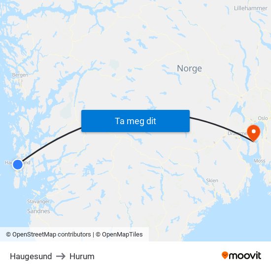 Haugesund to Hurum map