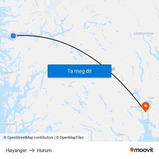 Høyanger to Hurum map