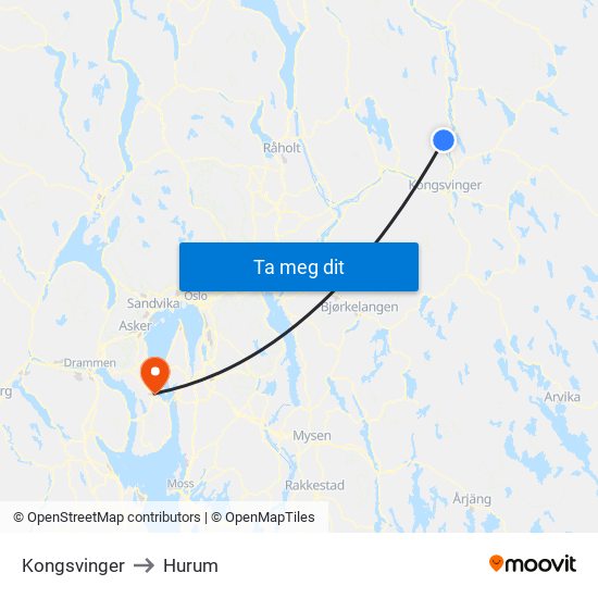 Kongsvinger to Hurum map