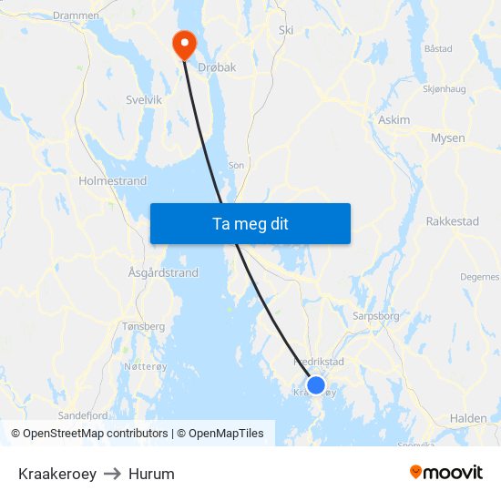 Kraakeroey to Hurum map
