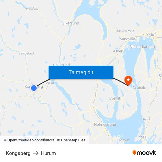 Kongsberg to Hurum map