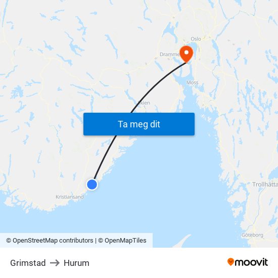 Grimstad to Hurum map