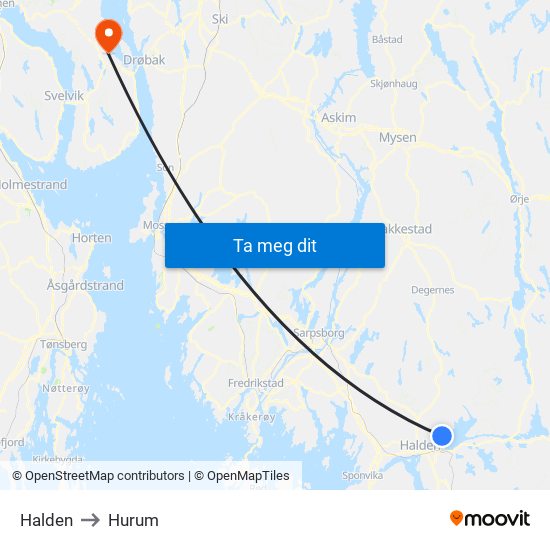 Halden to Hurum map