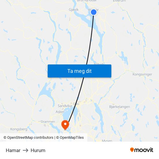 Hamar to Hurum map