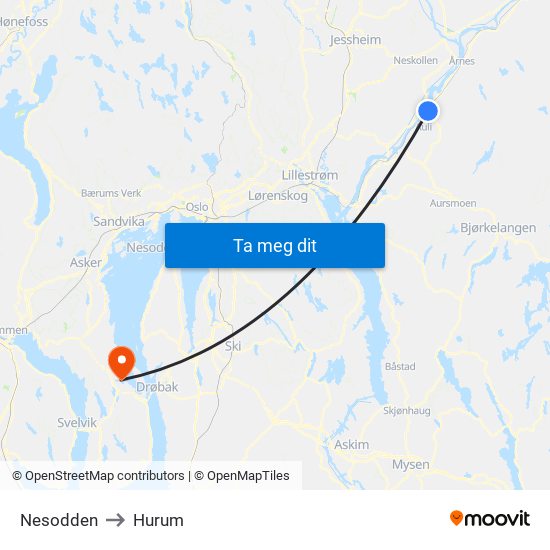 Nesodden to Hurum map