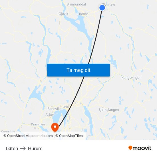 Løten to Hurum map