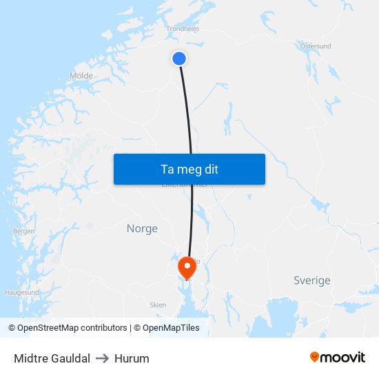 Midtre Gauldal to Hurum map