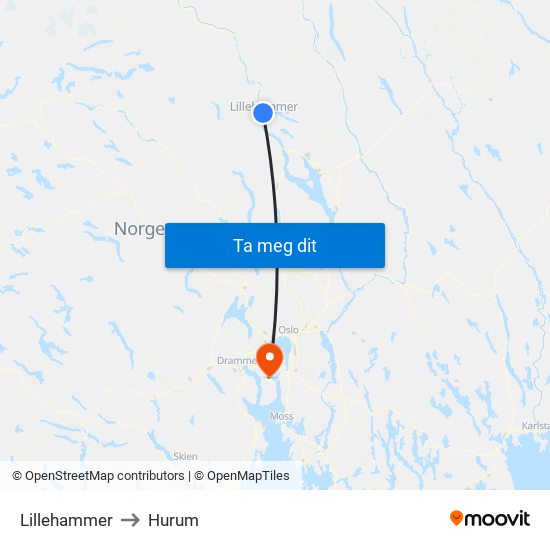 Lillehammer to Hurum map