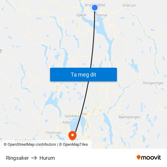 Ringsaker to Hurum map