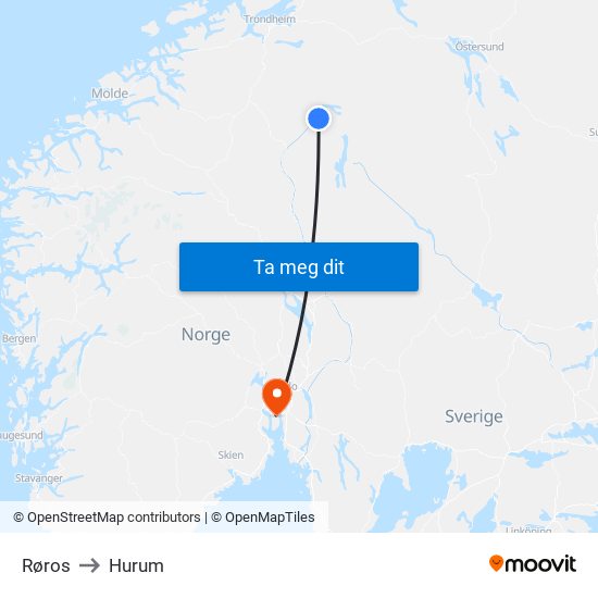 Røros to Hurum map