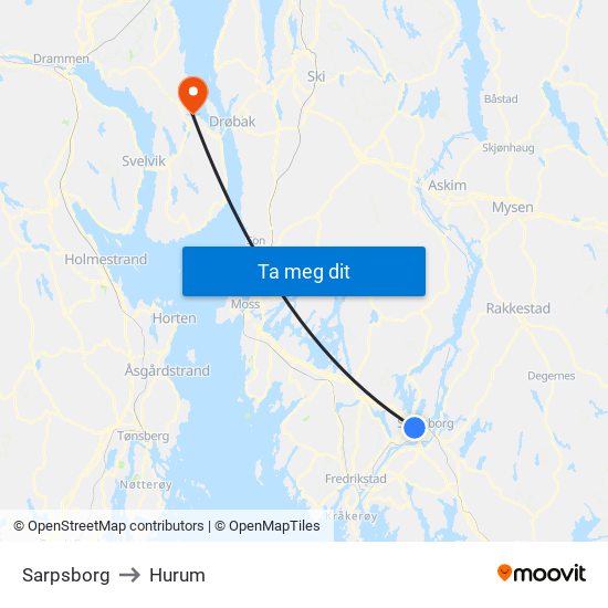 Sarpsborg to Hurum map