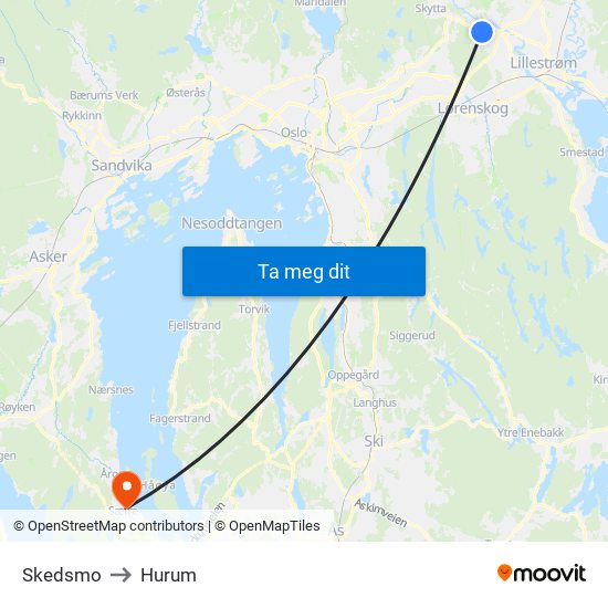 Skedsmo to Hurum map