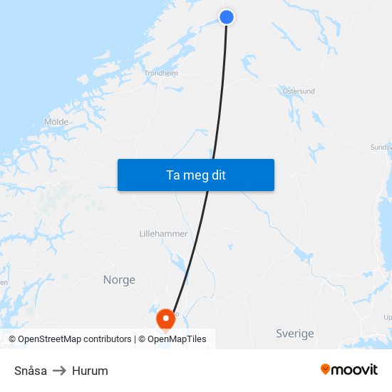 Snåsa to Hurum map