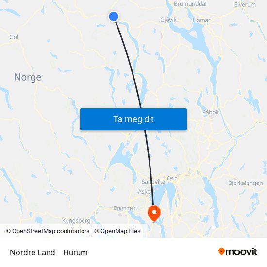 Nordre Land to Hurum map