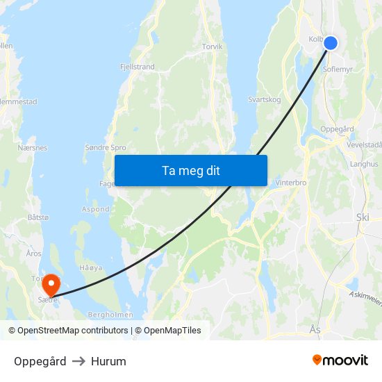 Oppegård to Hurum map
