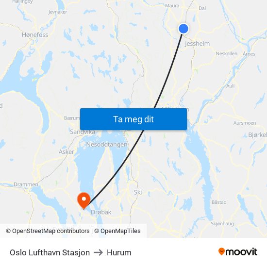 Oslo Lufthavn Stasjon to Hurum map