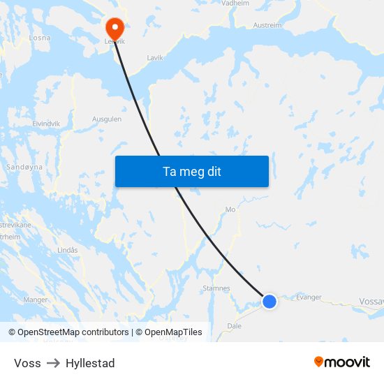 Voss to Hyllestad map