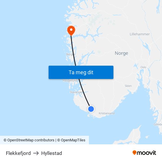 Flekkefjord to Hyllestad map