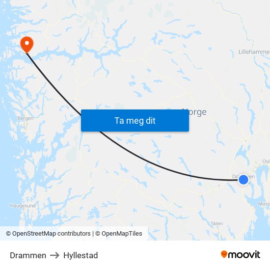 Drammen to Hyllestad map