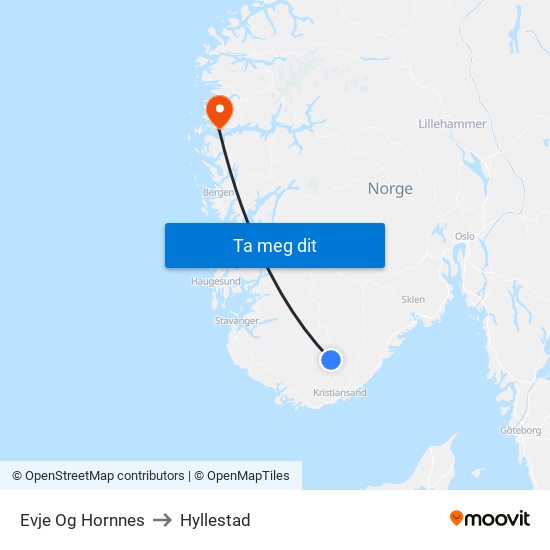 Evje Og Hornnes to Hyllestad map