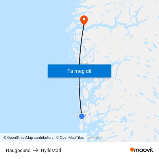 Haugesund to Hyllestad map