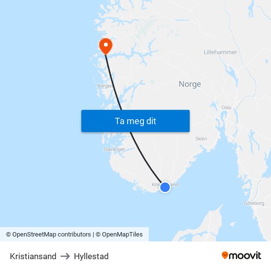Kristiansand to Hyllestad map