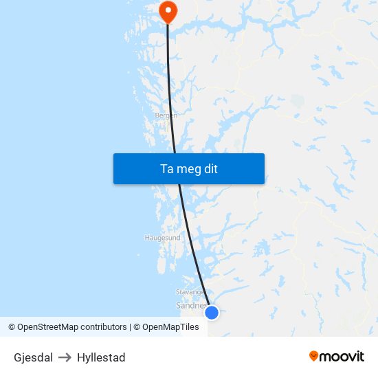 Gjesdal to Hyllestad map