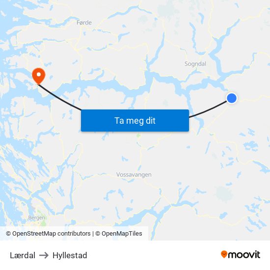 Lærdal to Hyllestad map