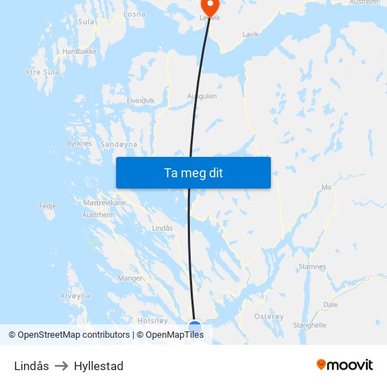 Lindås to Hyllestad map