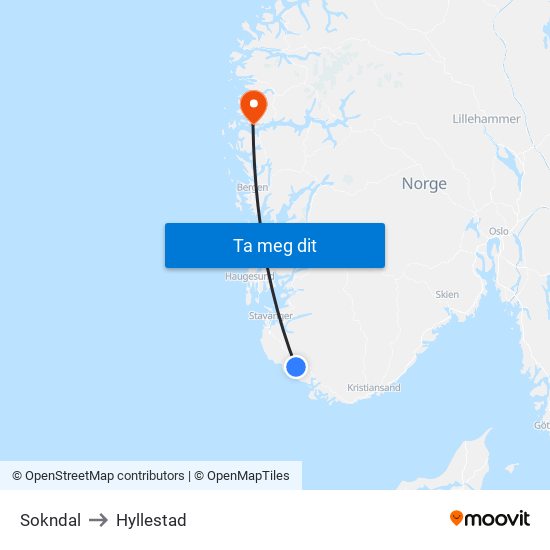 Sokndal to Hyllestad map