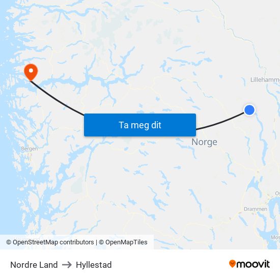 Nordre Land to Hyllestad map