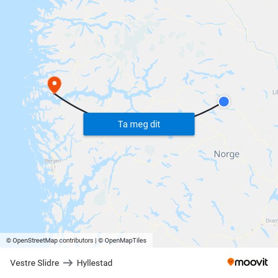 Vestre Slidre to Hyllestad map