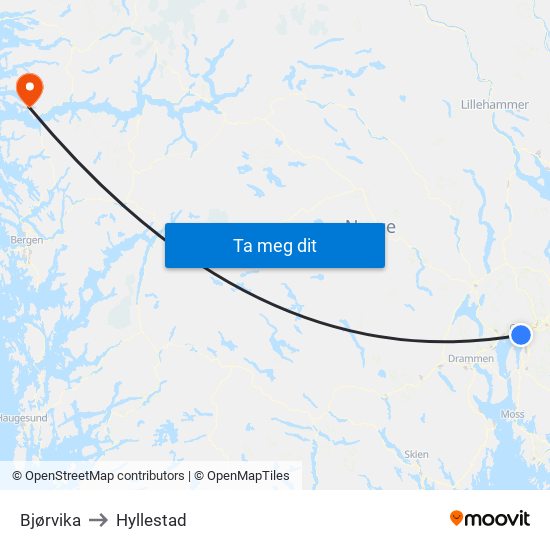 Bjørvika to Hyllestad map