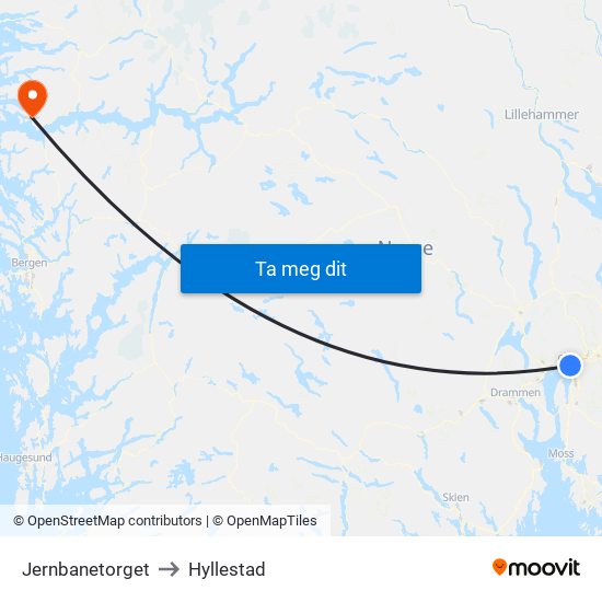Jernbanetorget to Hyllestad map