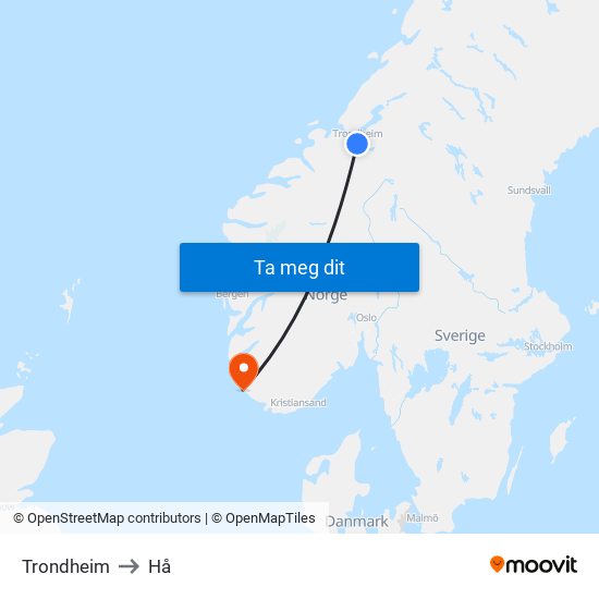 Trondheim to Hå map