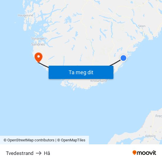 Tvedestrand to Hå map