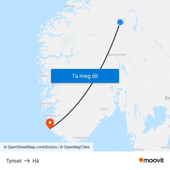 Tynset to Hå map