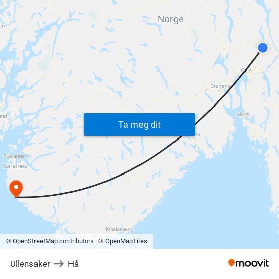 Ullensaker to Hå map