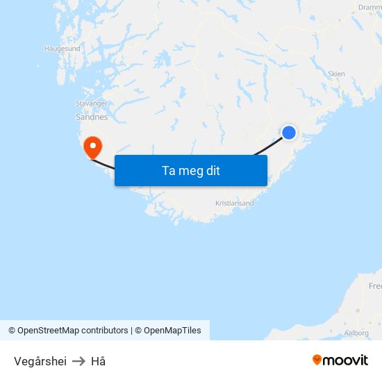 Vegårshei to Hå map