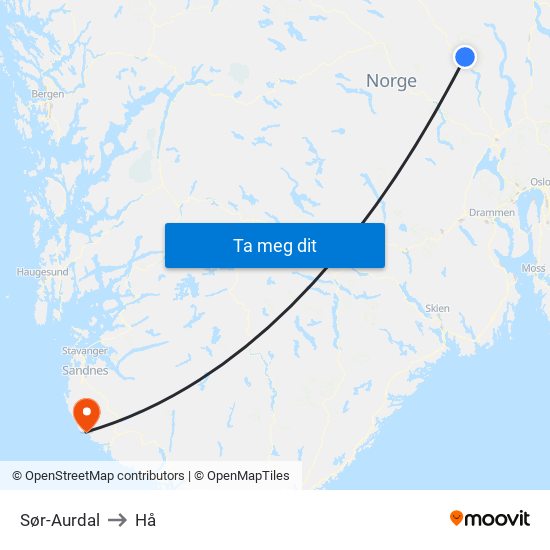 Sør-Aurdal to Hå map