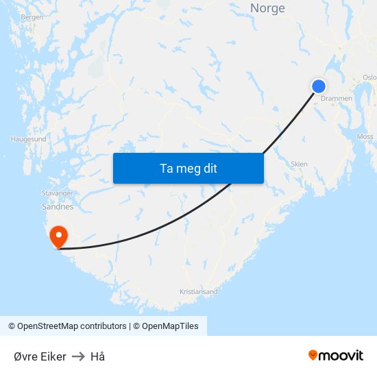 Øvre Eiker to Hå map