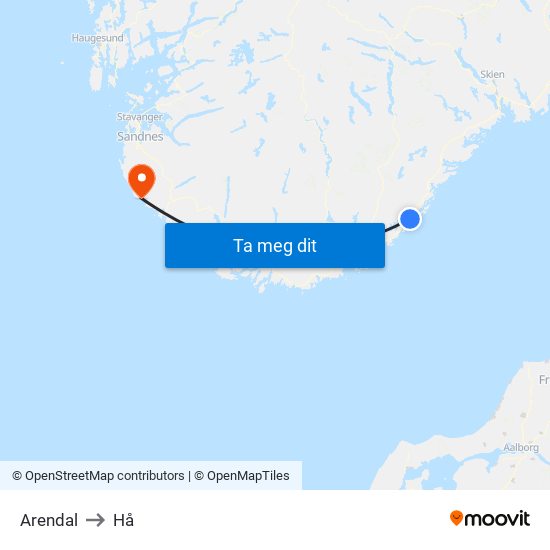Arendal to Hå map