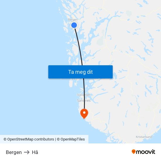 Bergen to Hå map