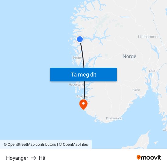 Høyanger to Hå map