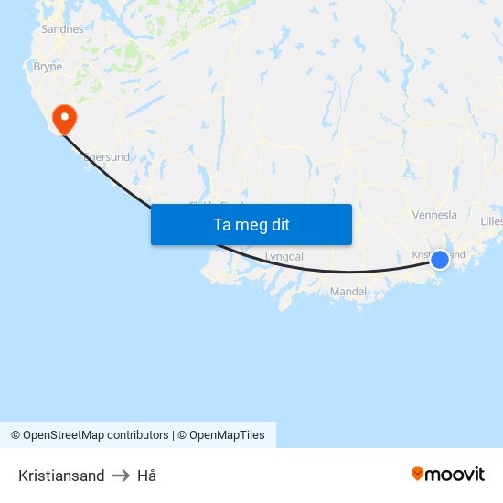 Kristiansand to Hå map