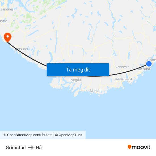 Grimstad to Hå map