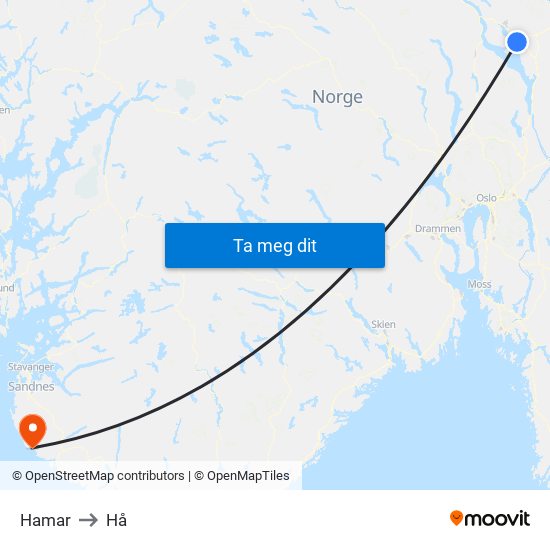 Hamar to Hå map