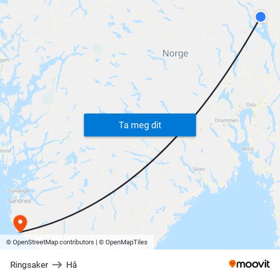 Ringsaker to Hå map