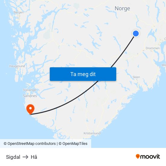 Sigdal to Hå map
