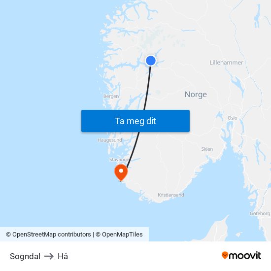 Sogndal to Hå map